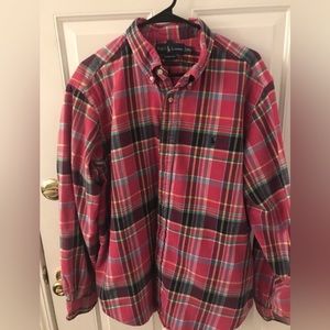 Pink and navy plaid polo shirt